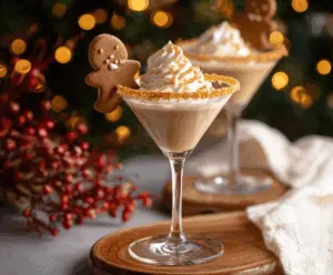 A festive Gingerbread Martini garnished with a cinnamon stick and gingerbread cookie on a holiday table.