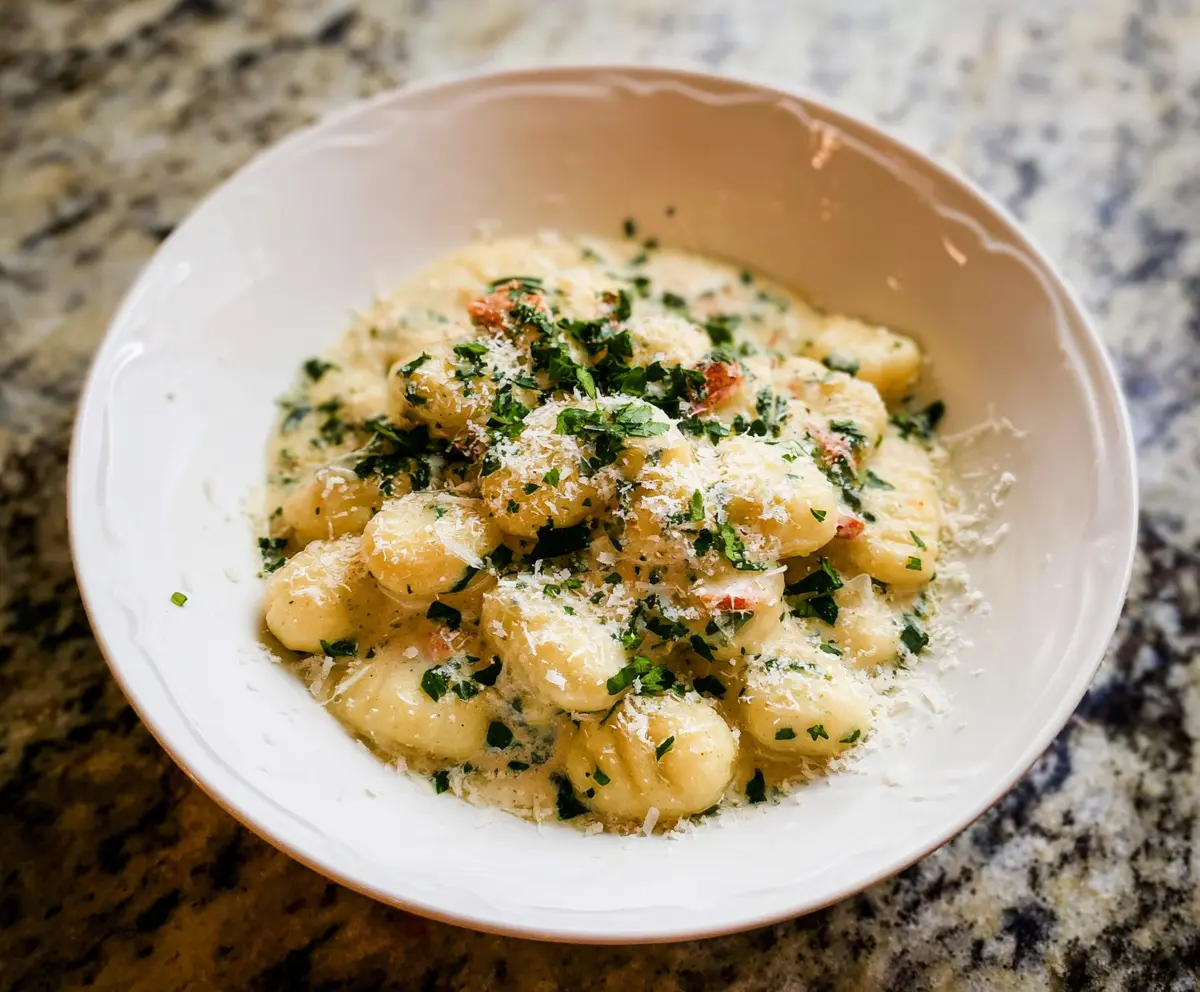 Creamy Gnocchi Alfredo dish with rich Parmesan sauce and fresh herbs