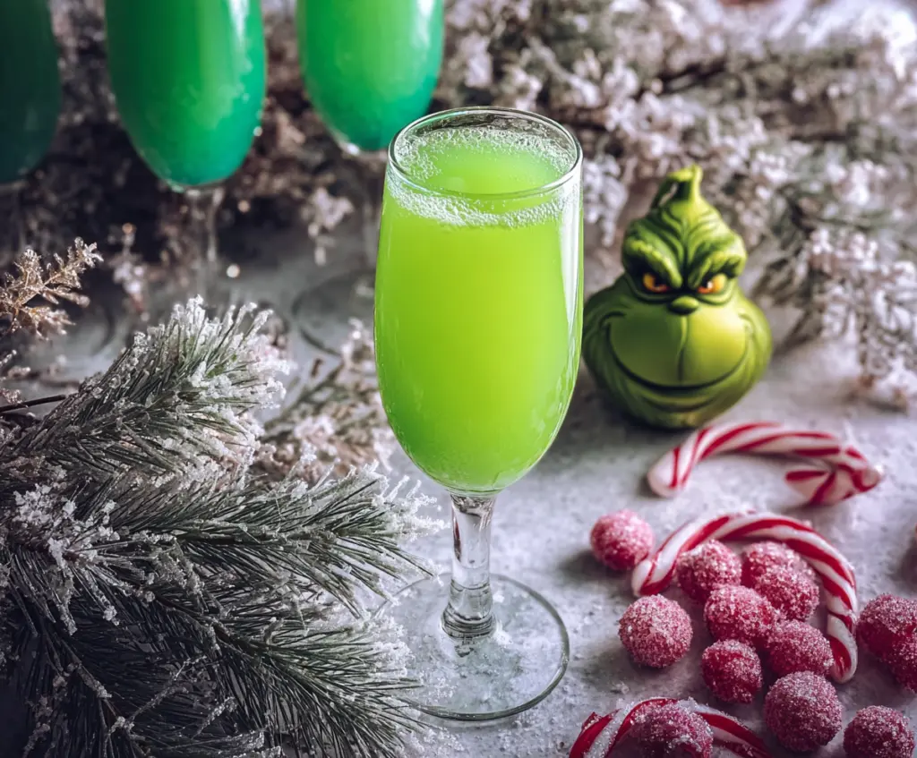 Festive Grinch Mimosa cocktail served in a clear glass with green liquid and holiday decorations.