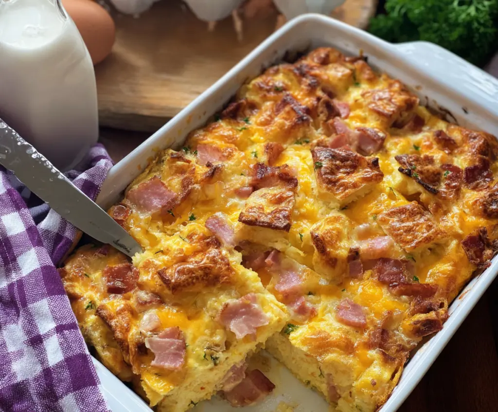Delicious ham breakfast casserole with eggs, cheese, and fresh herbs, perfect for breakfast or brunch.