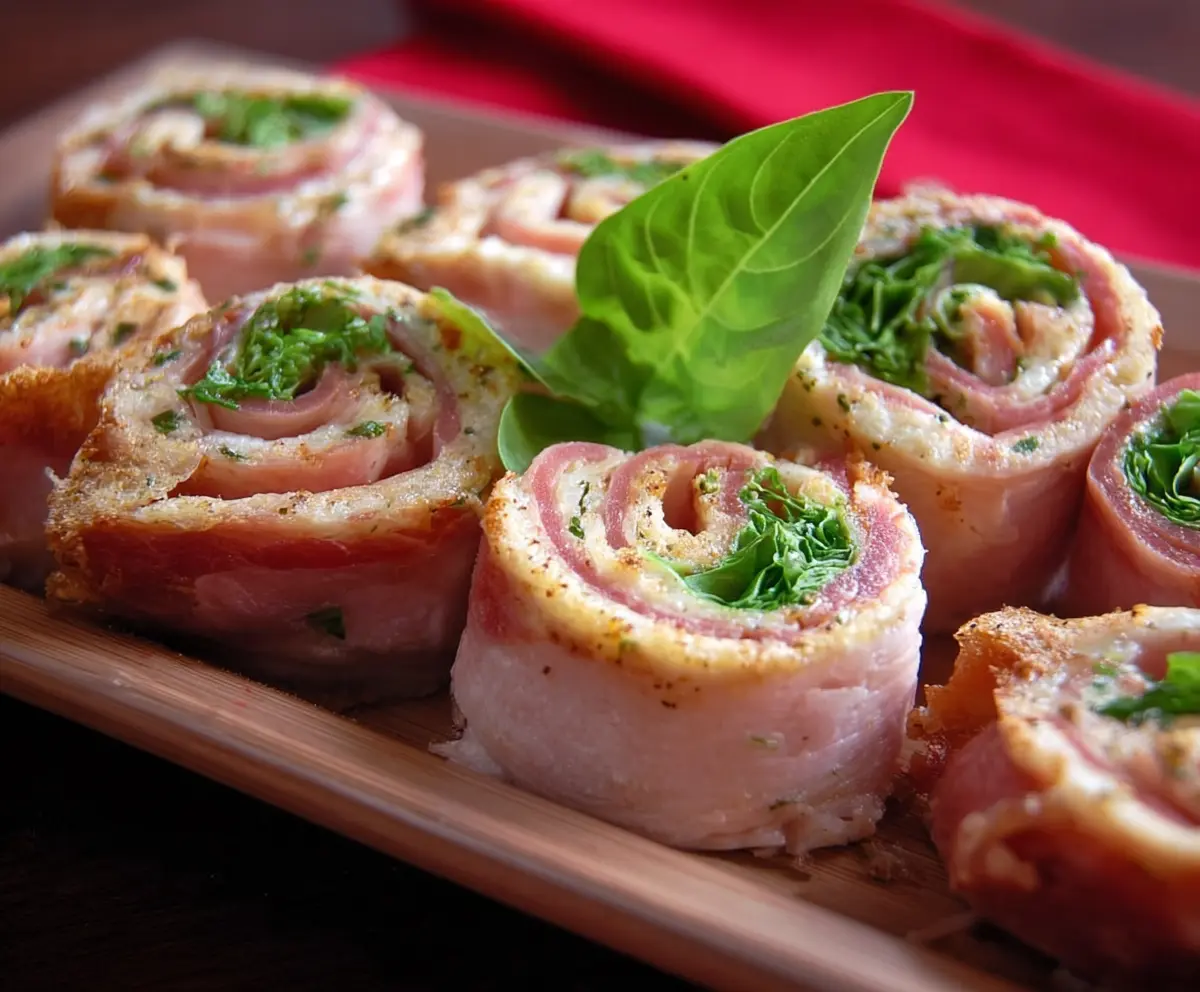 Delicious ham roll ups filled with cheese and herbs, perfect for appetizers or snacks.