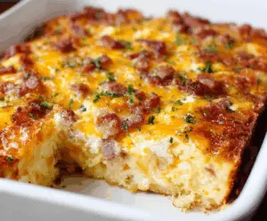 Delicious Hashbrown Egg Casserole with melted cheese and fresh herbs, perfect for breakfast or brunch