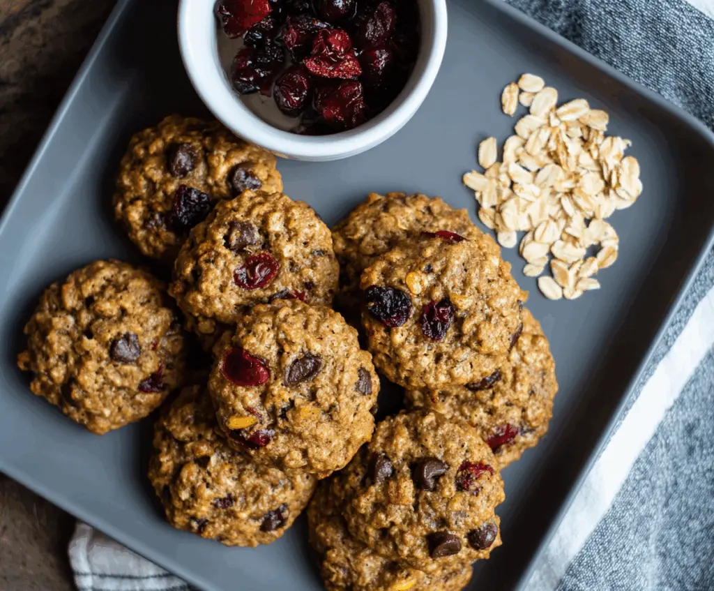 Healthy oatmeal breakfast cookies on a white plate, showcasing a nutritious snack with oats and fruits.