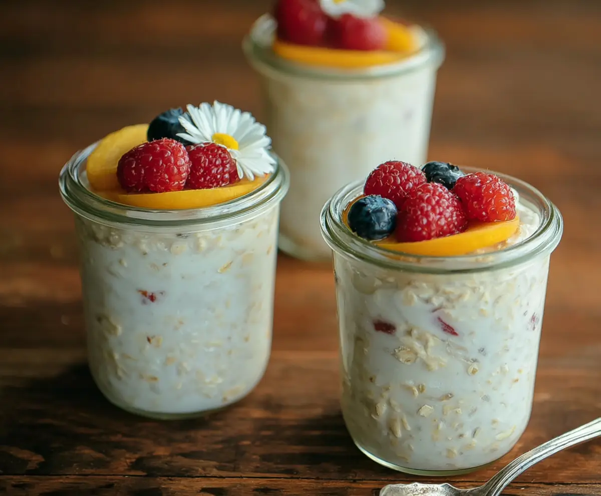 Creamy honey vanilla overnight oats topped with fresh berries and nuts in a glass jar.