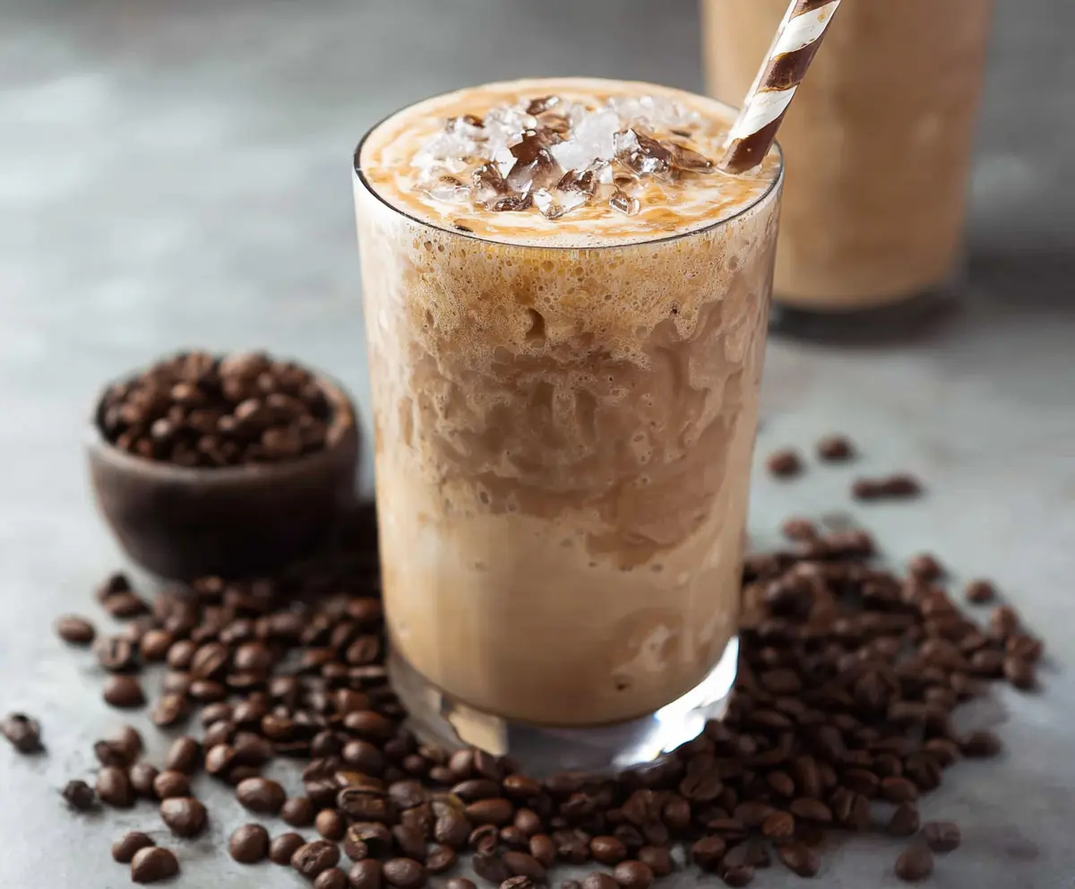 Refreshing iced coffee protein shake in a glass, perfect for a healthy breakfast or post-workout boost.