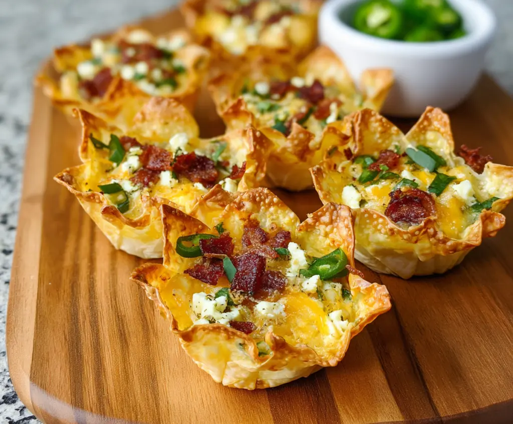 Delicious Jalapeno Popper Wonton Cups filled with cheese and spicy jalapenos.