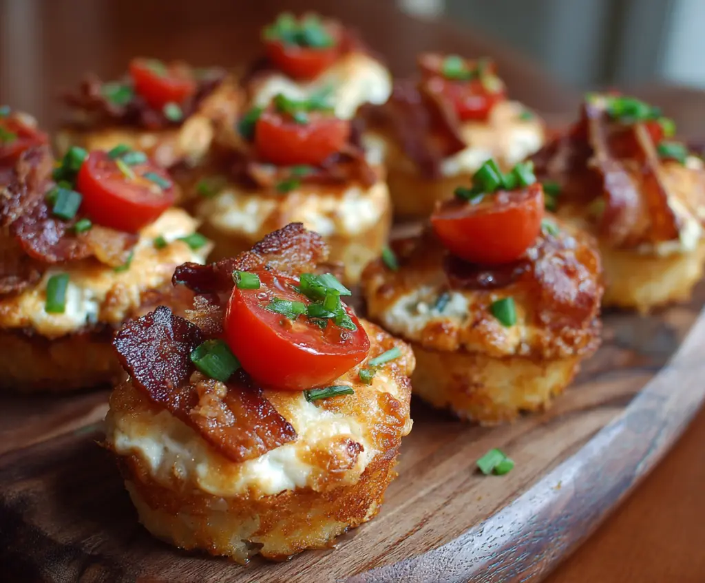 Delicious Kentucky Hot Brown Bites with turkey, bacon, and cheese on toasted bread.