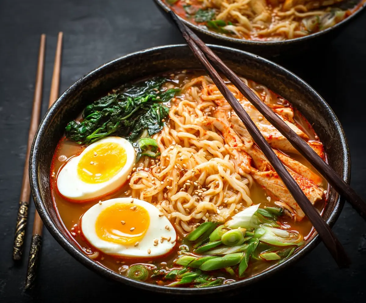 Bowl of spicy Korean ramen noodles topped with green onions and boiled egg, ready to serve.
