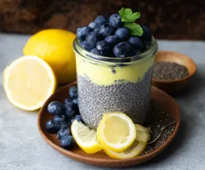 Creamy Lemon Blueberry Chia Pudding served in a glass bowl, garnished with fresh blueberries and lemon zest.