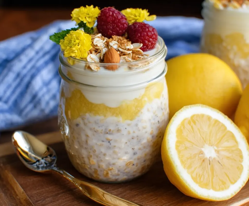 Creamy lemon cheesecake overnight oats topped with fresh lemon slices and blueberries.