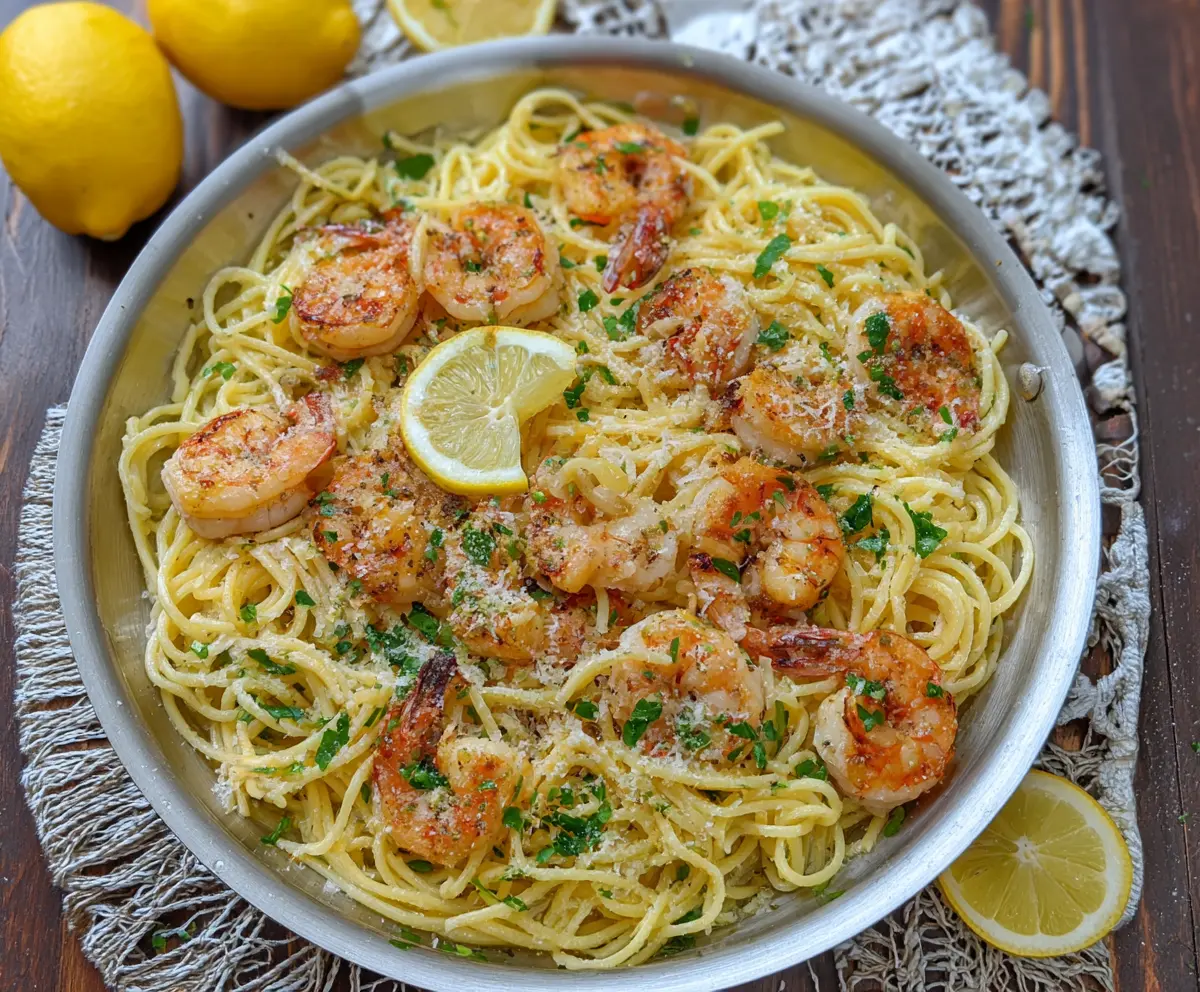 Delicious Lemon Garlic Parmesan Shrimp Pasta served on a plate, garnished with fresh herbs.