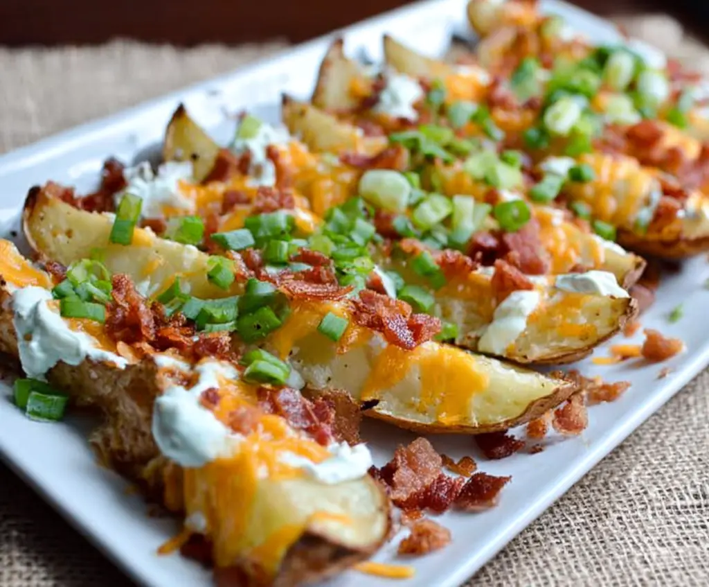 Crispy loaded baked potato wedges topped with cheese, bacon, and green onions on a plate.