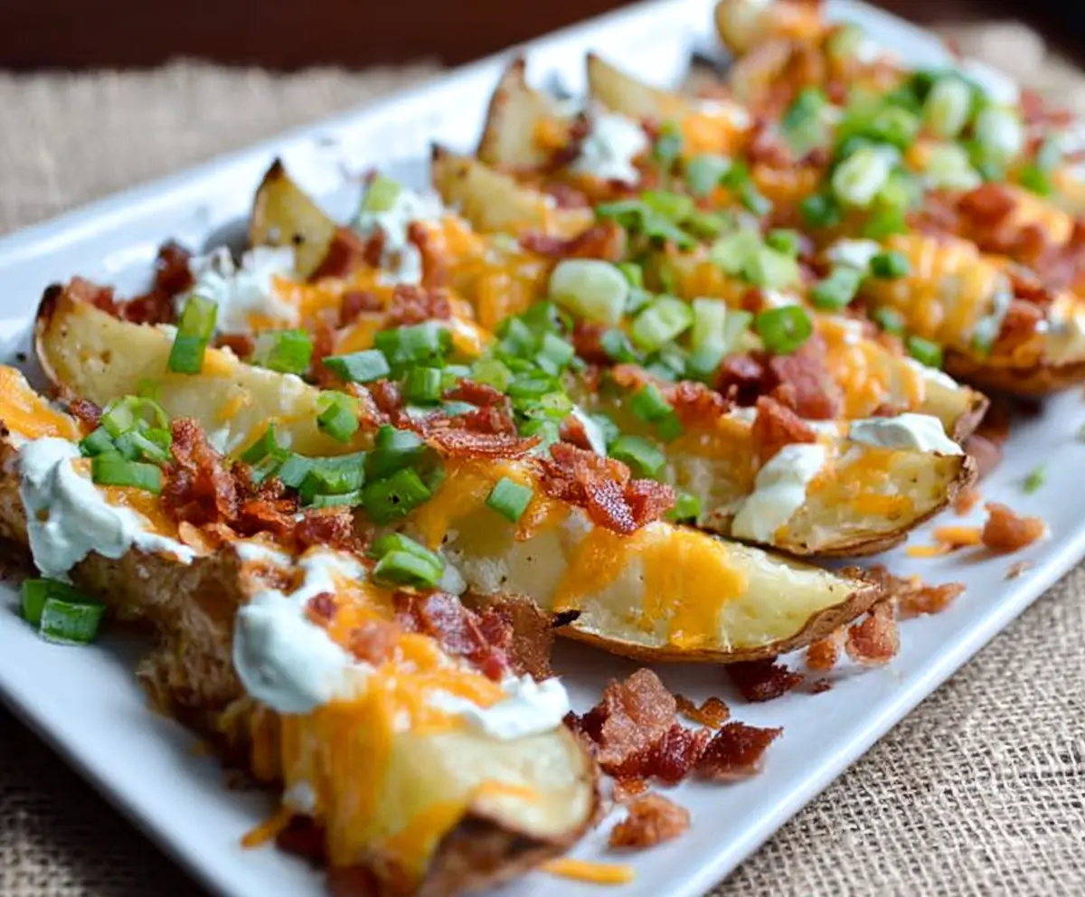 Crispy loaded baked potato wedges topped with cheese, bacon, and green onions on a plate.