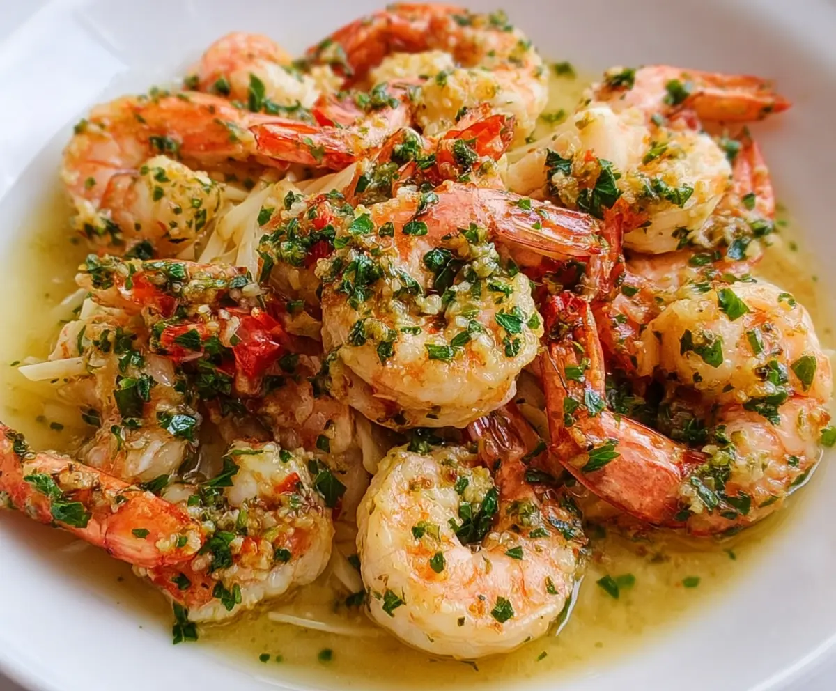 Delicious Lobster Shrimp Scampi served on a white plate with fresh herbs.