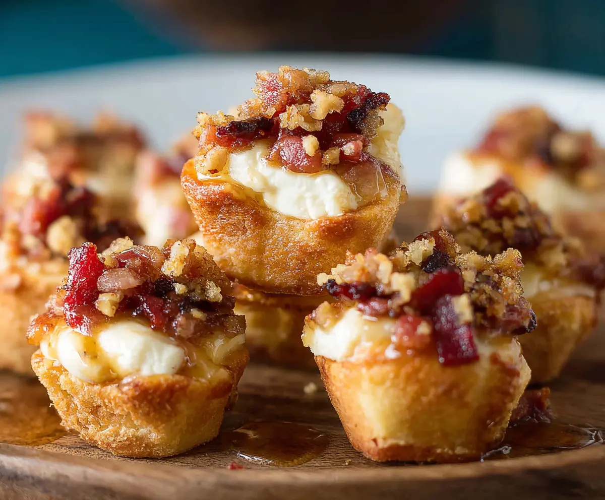 Delicious Maple Bacon Brie Bites served on a platter, featuring crispy bacon and creamy Brie cheese for a savory appetizer.