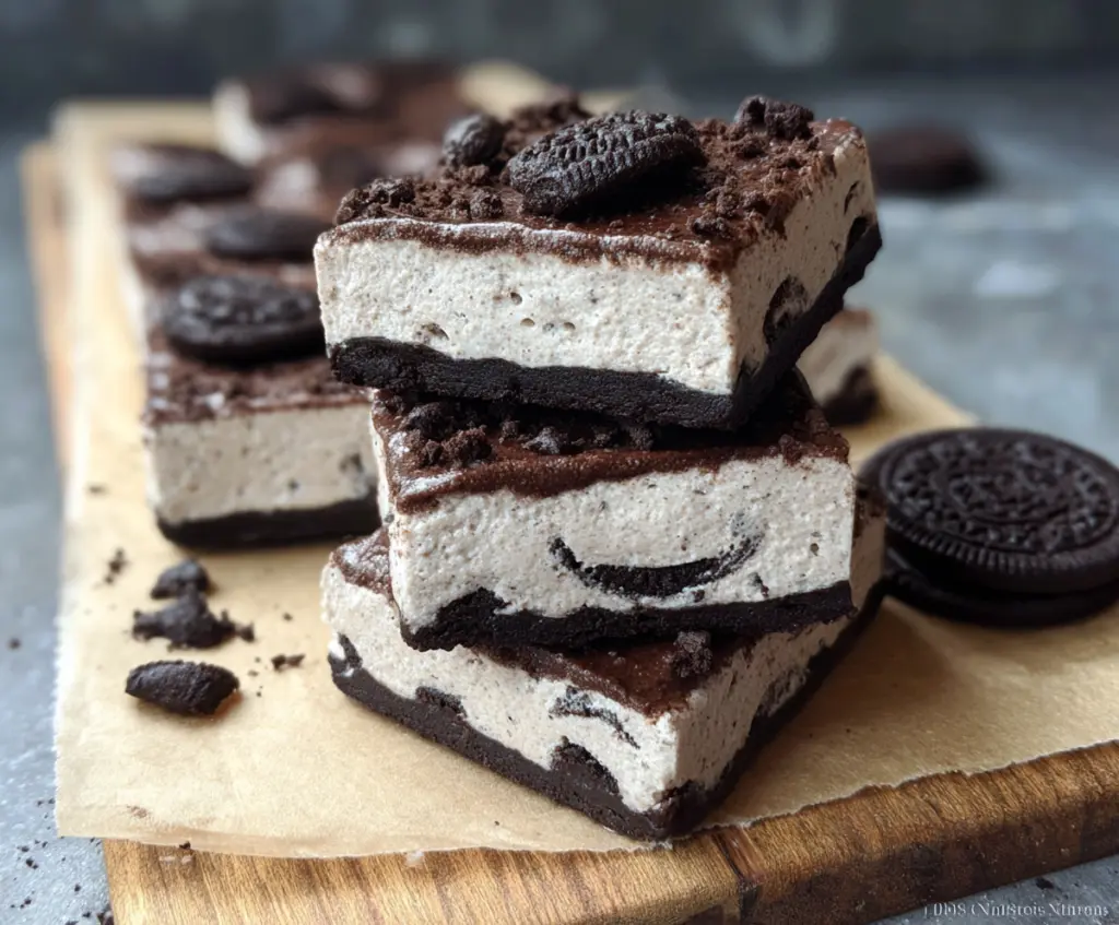 Delicious no bake Oreo protein bars on a white plate, showcasing a creamy chocolate and Oreo cookie filling