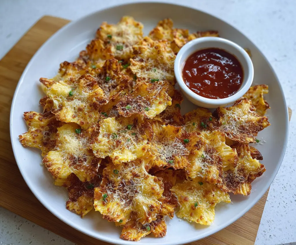 Crispy oven-baked cheesy pasta chips served on a plate, perfect snack for parties