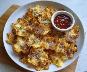 Crispy oven-baked cheesy pasta chips served on a plate, perfect snack for parties