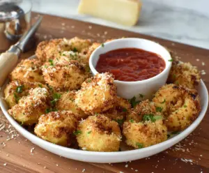 Delicious Parmesan crusted tortellini bites served with fresh herbs on a white plate