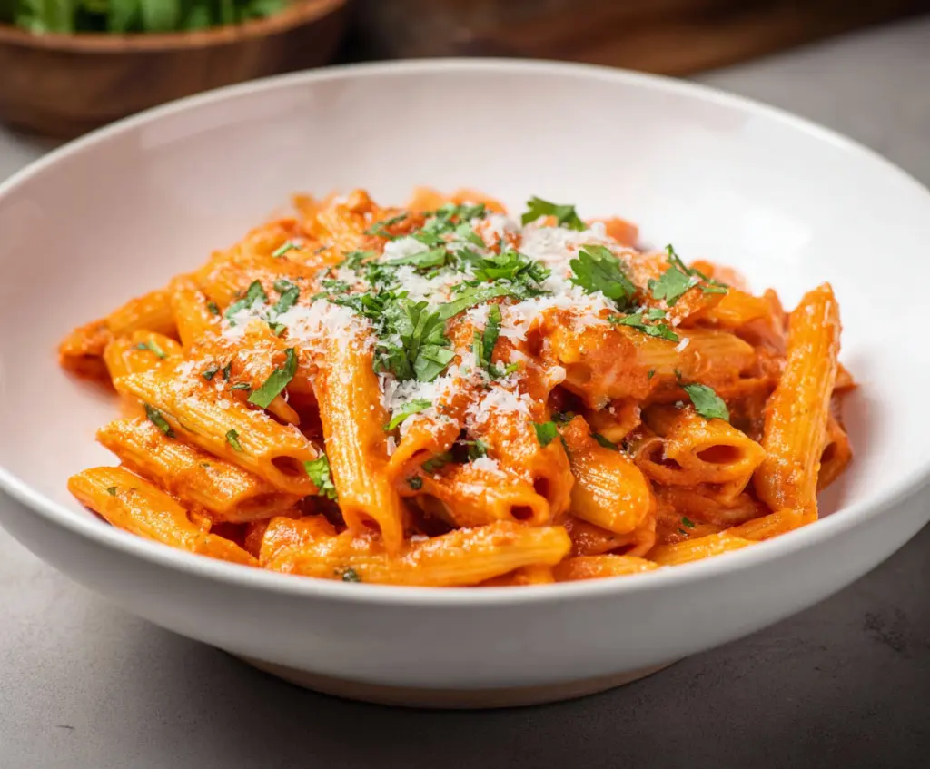 Creamy Pasta Alla Vodka with cherry tomatoes and fresh basil on a white plate