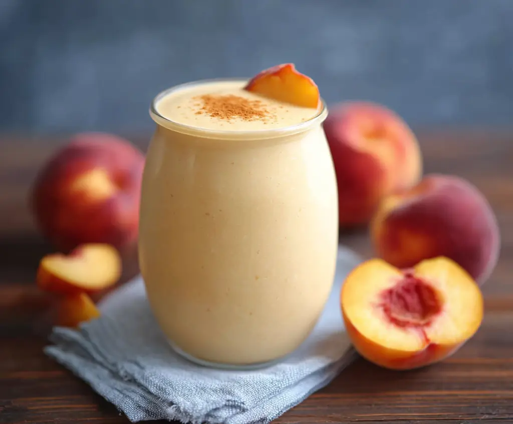 Refreshing peach protein smoothie in a glass with fresh peach slices and a straw, perfect for a healthy breakfast.