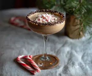 Delicious Peppermint Mocha Martini topped with whipped cream and peppermint garnish for a festive treat.