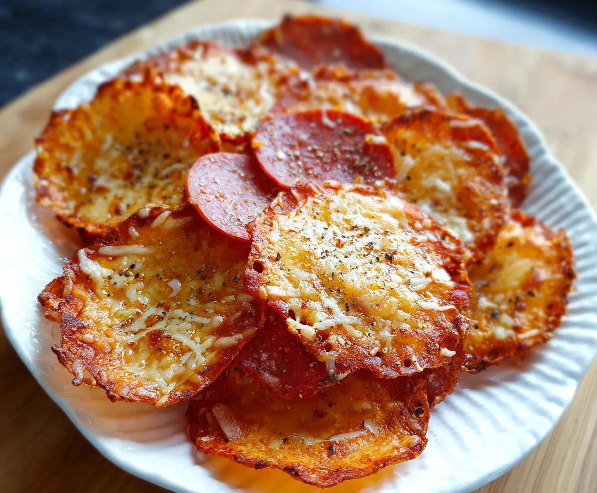 Crunchy pepperoni and melted cheese chips on a plate, perfect for snacks and parties.