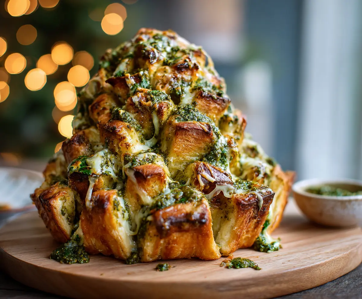 Delicious Pesto Christmas Tree Pull-Apart Bread with vibrant green pesto and melted cheese, perfect for holiday festivities.