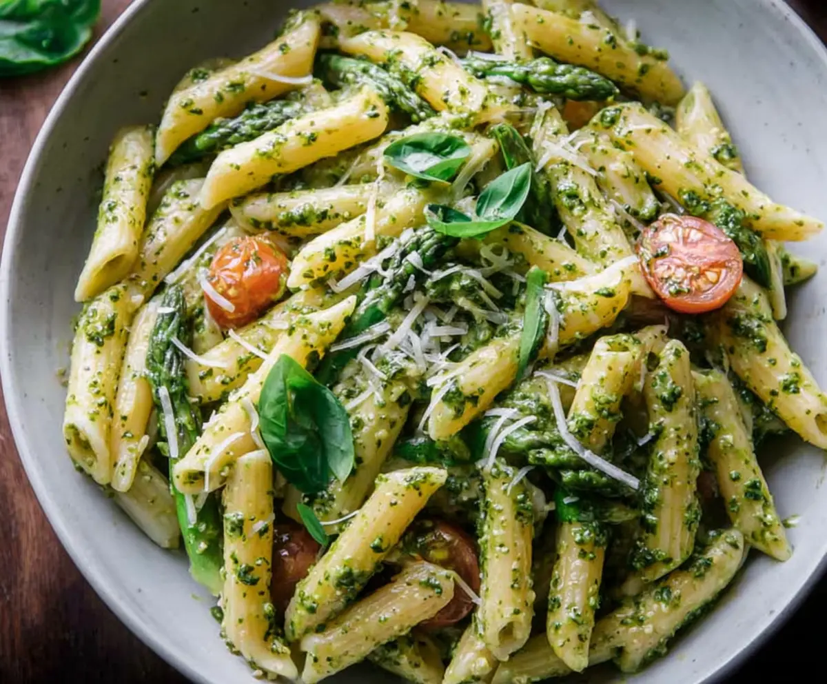 Delicious pesto penne pasta garnished with fresh basil and grated cheese