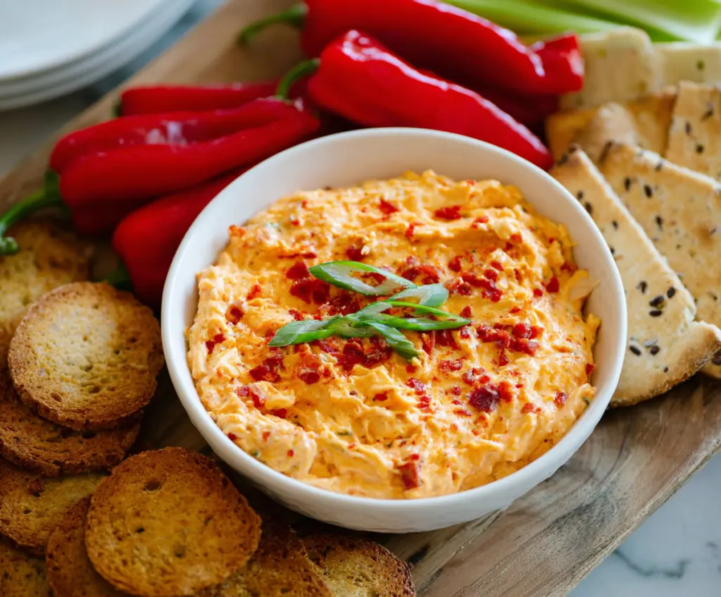 Creamy Pimento Cheese Dip served with crispy chips for a perfect appetizer.
