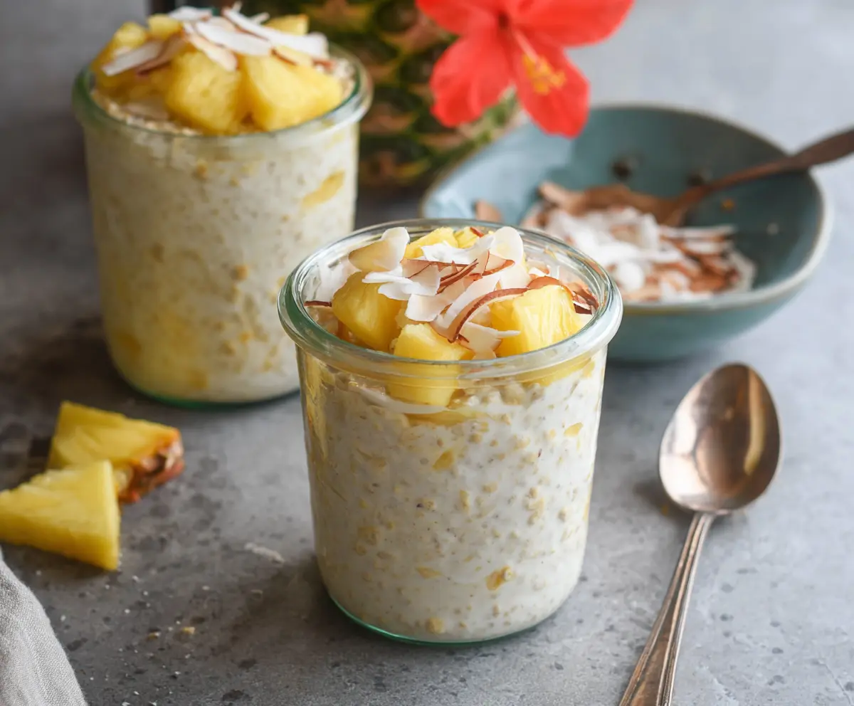 Creamy Piña Colada Overnight Oats with pineapple chunks and shredded coconut in a glass jar.
