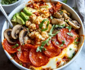 Delicious Pizza Protein Bowl with fresh toppings, melted cheese, and crispy crust