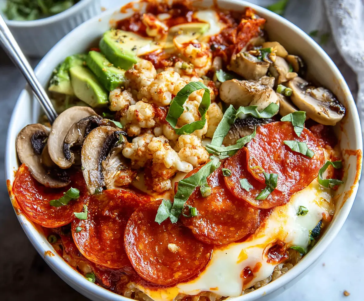 Delicious Pizza Protein Bowl with fresh toppings, melted cheese, and crispy crust