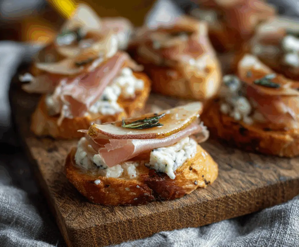 Delicious Prosciutto Pear Gorgonzola Crostini with crispy bread, ripe pears, melted gorgonzola cheese, and prosciutto slices.