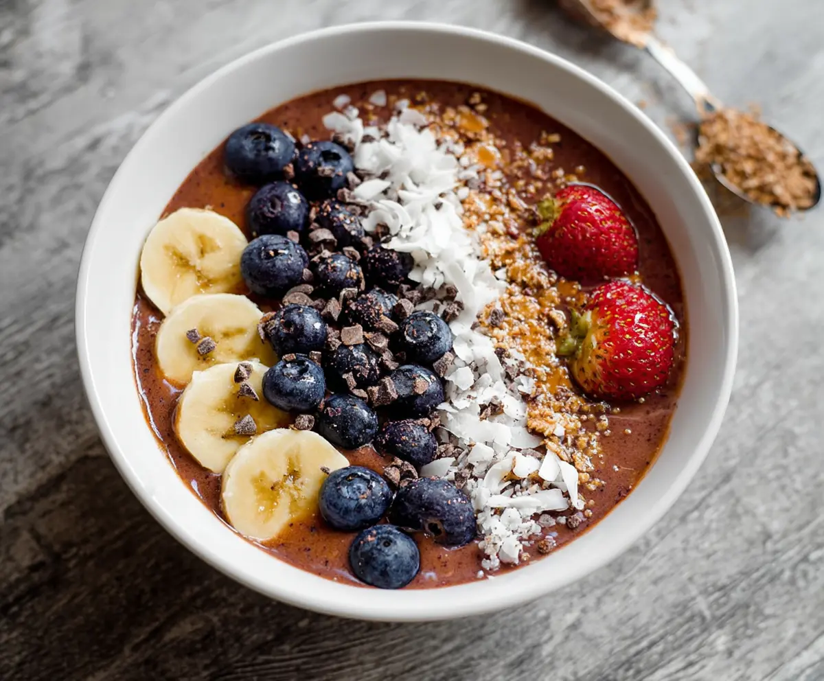 Healthy protein smoothie bowl topped with fresh fruits and nuts, perfect for a nutritious breakfast.