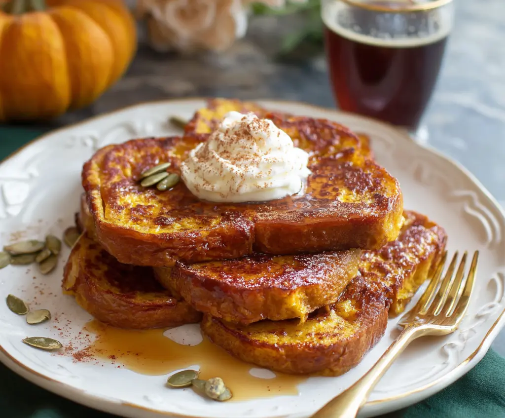 Delicious pumpkin French toast topped with whipped cream and cinnamon for a festive breakfast.