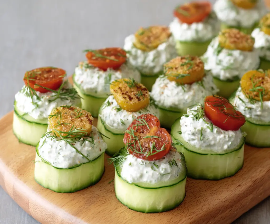 Delicious Ranch Cucumber Bites on a plate, perfect for snacks or parties