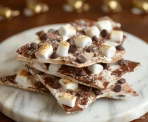 Delicious homemade S’mores Yogurt Bark topped with marshmallows, chocolate, and graham cracker crumbs