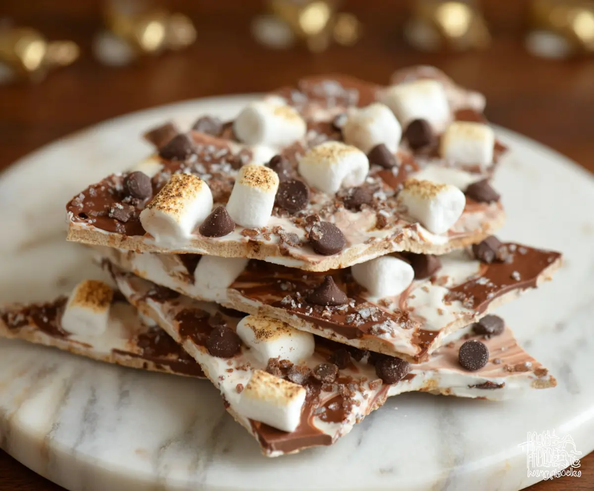 Delicious homemade S’mores Yogurt Bark topped with marshmallows, chocolate, and graham cracker crumbs