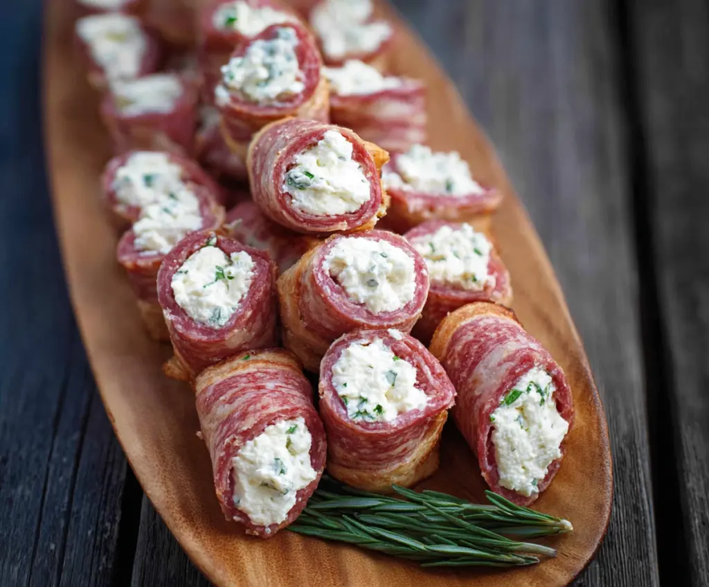 Salami and cream cheese roll ups on a plate, perfect for appetizers or snacks.