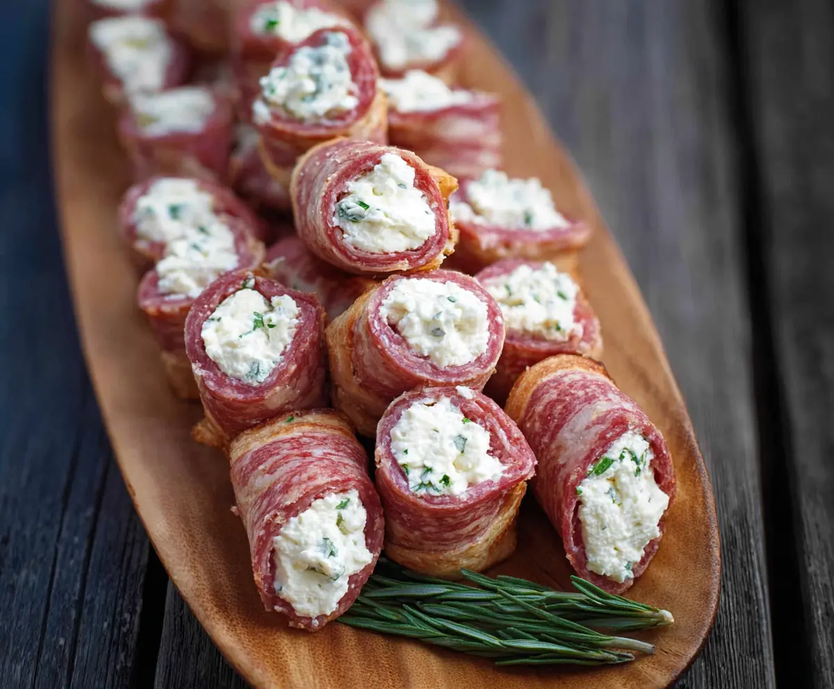 Salami and cream cheese roll ups on a plate, perfect for appetizers or snacks.