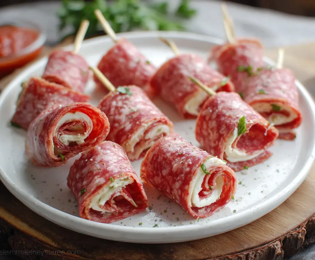Delicious salami roll-ups with cheese and herbs on a white plate, perfect for snacks or appetizers