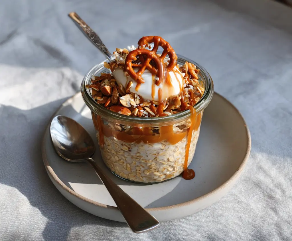 Creamy salted caramel overnight oats topped with pretzels and a drizzle of caramel sauce for a sweet breakfast treat.