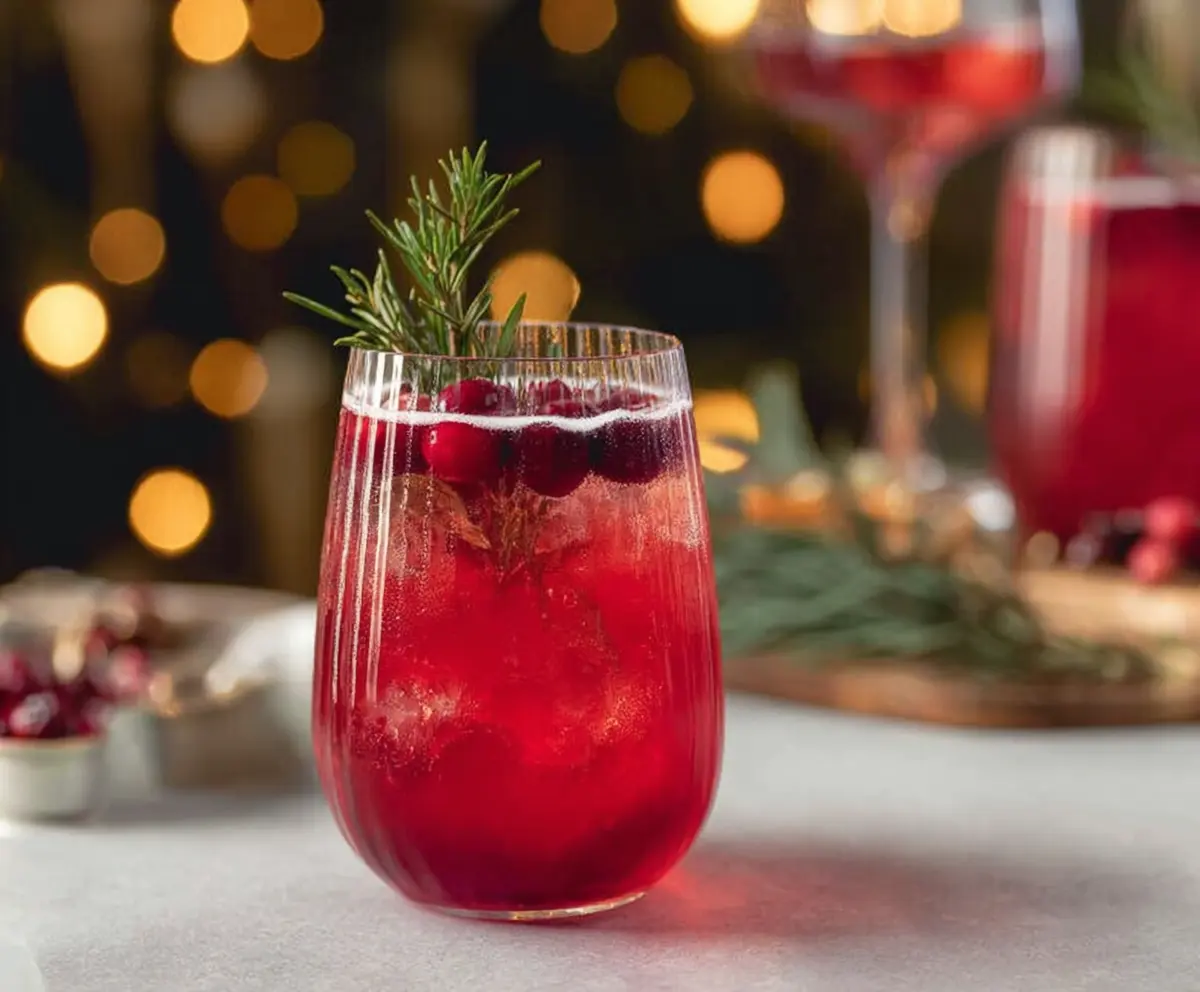 Festive Santa Spritz cocktail in a glass with red and green garnishes for holiday cheer