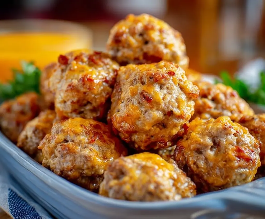 Delicious homemade sausage balls made with sausage, cheese, and biscuit mix for a savory appetizer.