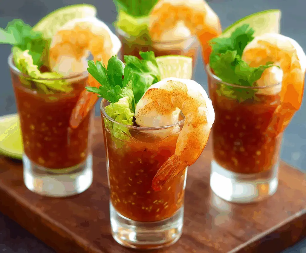 Elegant shrimp cocktail shooters served in clear glasses with fresh lemon wedges.