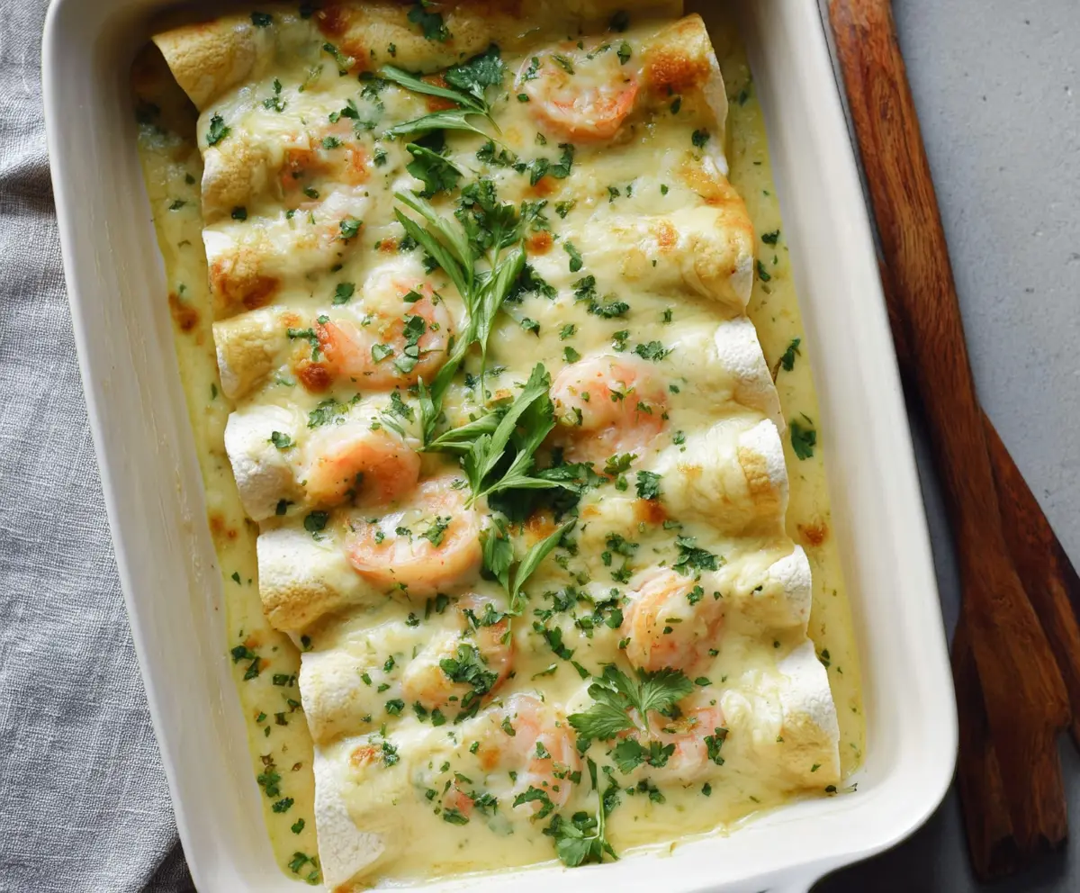 Delicious shrimp enchiladas topped with creamy poblano sauce on a plate