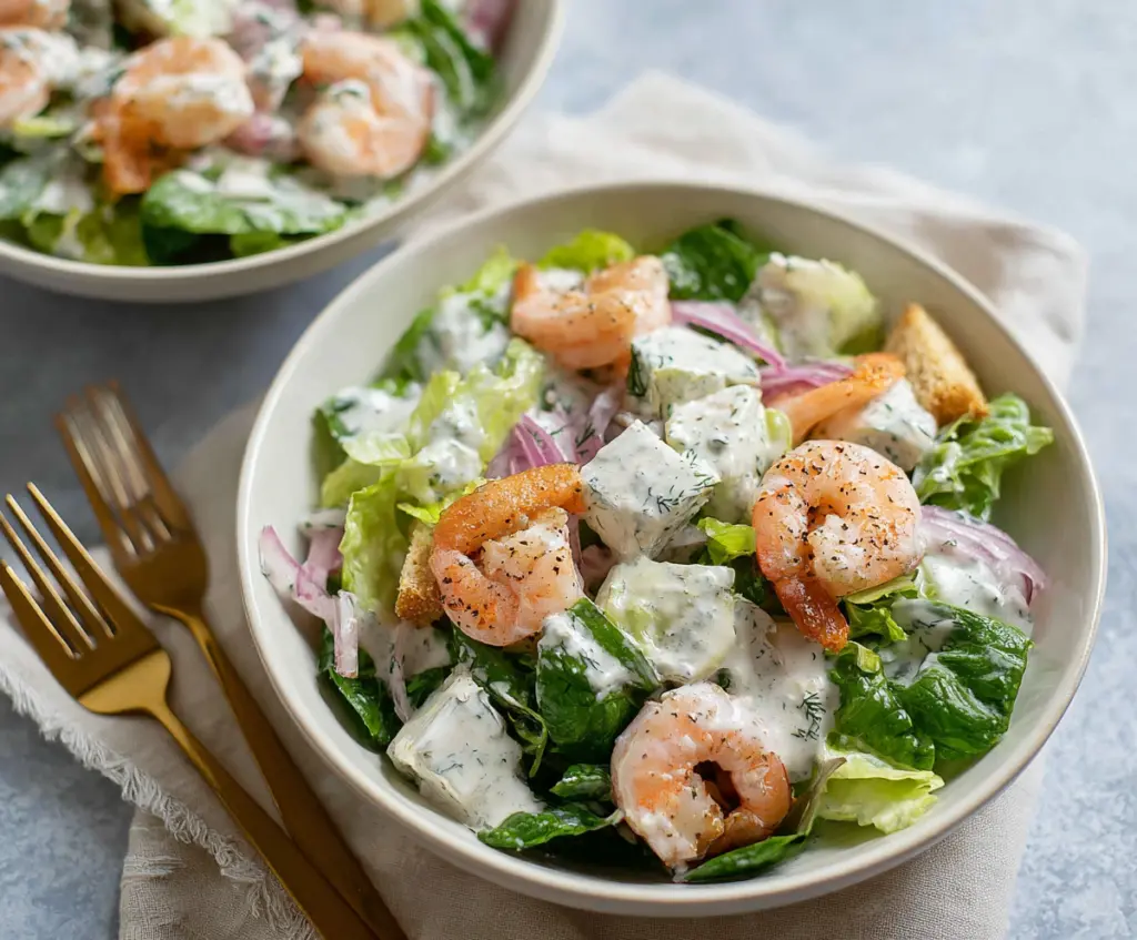 Delicious shrimp salad with fresh vegetables and creamy yogurt dressing for a healthy meal
