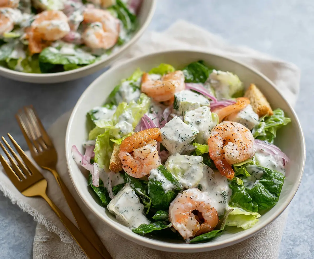 Delicious shrimp salad with fresh vegetables and creamy yogurt dressing for a healthy meal