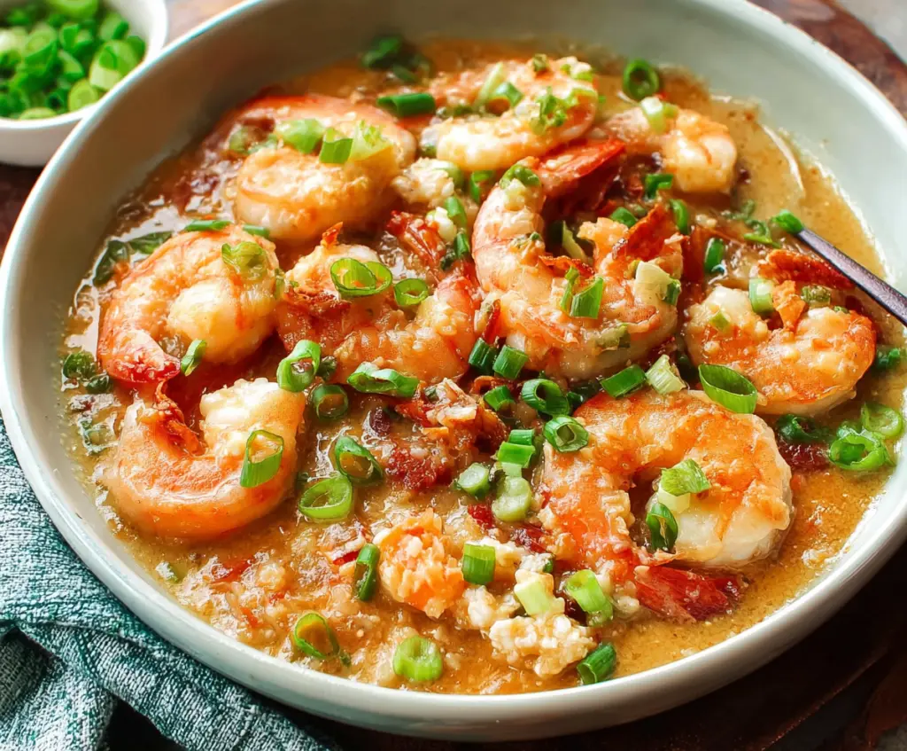 Delicious shrimp with rich lobster sauce served on a plate, perfect for seafood lovers.